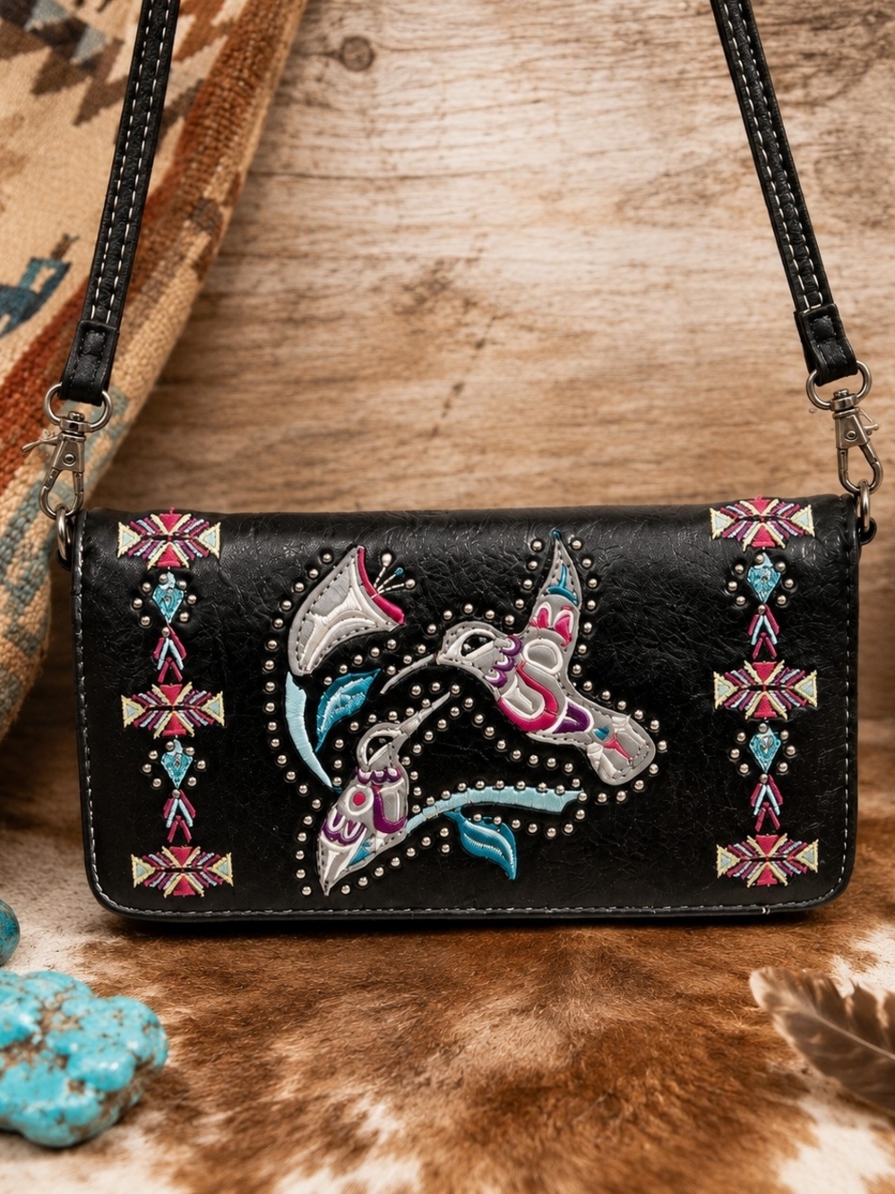 NWOT Boho Western Hummingbird Embroidered Crossbody Wallet Purse